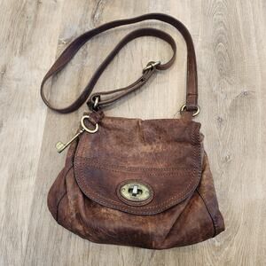 Fossil Live Long Vintage 1954 Crossbody Brown Distress Leather Purse Handbag